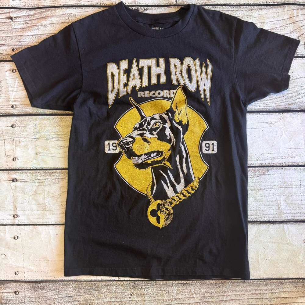 Death Row Records Glitter Gold Doberman Graphic T-Shirt Black Hip Hop Tee Size S
